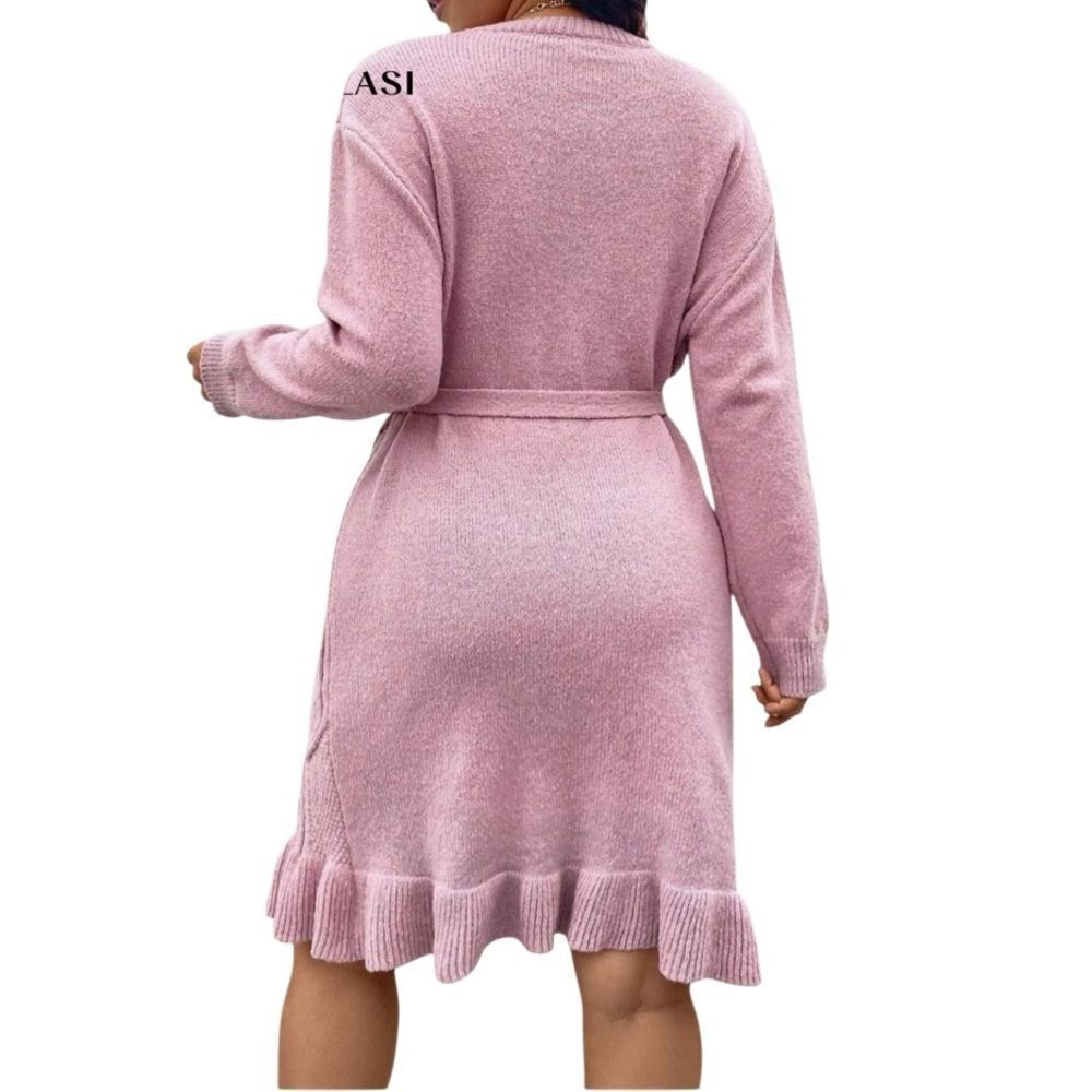 SHEIN Clasi Plus Size Pearl Flounce Hem Sweater Knit Dress Pink - Picture 4 of 12